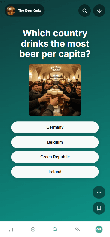 Stacktags mobile quiz – 'The Beer Quiz' asking 'Which country drinks the most beer per capita?' with answer options Germany, Belgium, Czech Republic, and Ireland