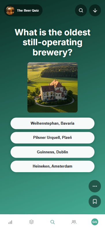 Stacktags mobile quiz – 'The Beer Quiz' asking 'What is the oldest still-operating brewery?' with answer options Weihenstephan Bavaria, Pilsner Urquell Plzeň, Guinness Dublin, and Heineken Amsterdam