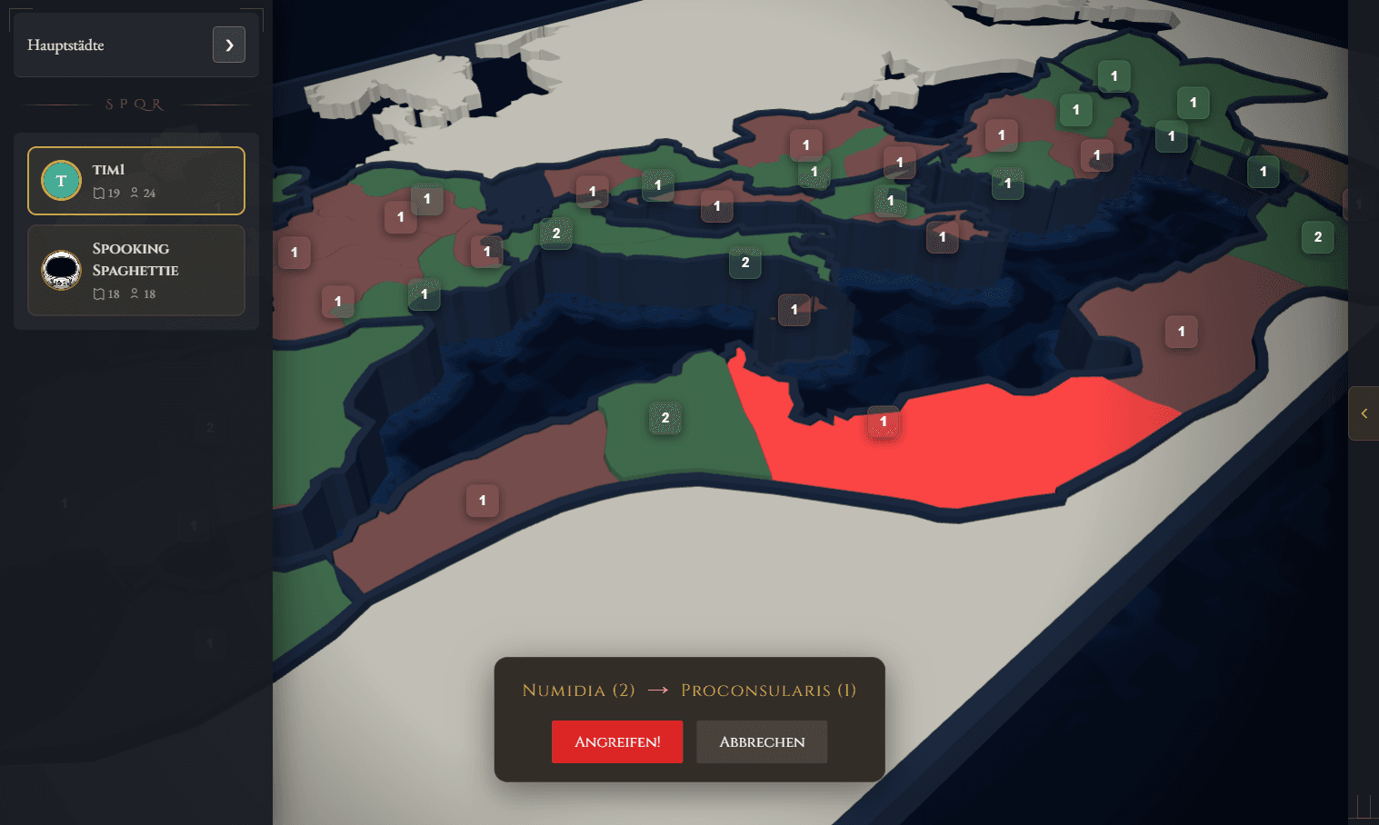 Stacktags Roman Empire map – 3D map-conquest mode with provinces colored per player and attack selection