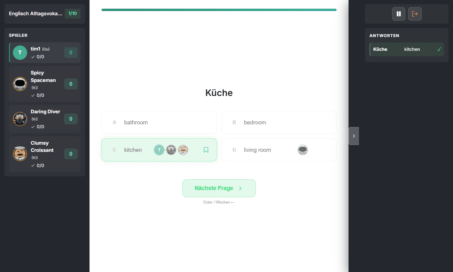 Stacktags quiz arena with a multiple-choice question and English vocabulary answers, player list with Tim and three AI opponents on the left