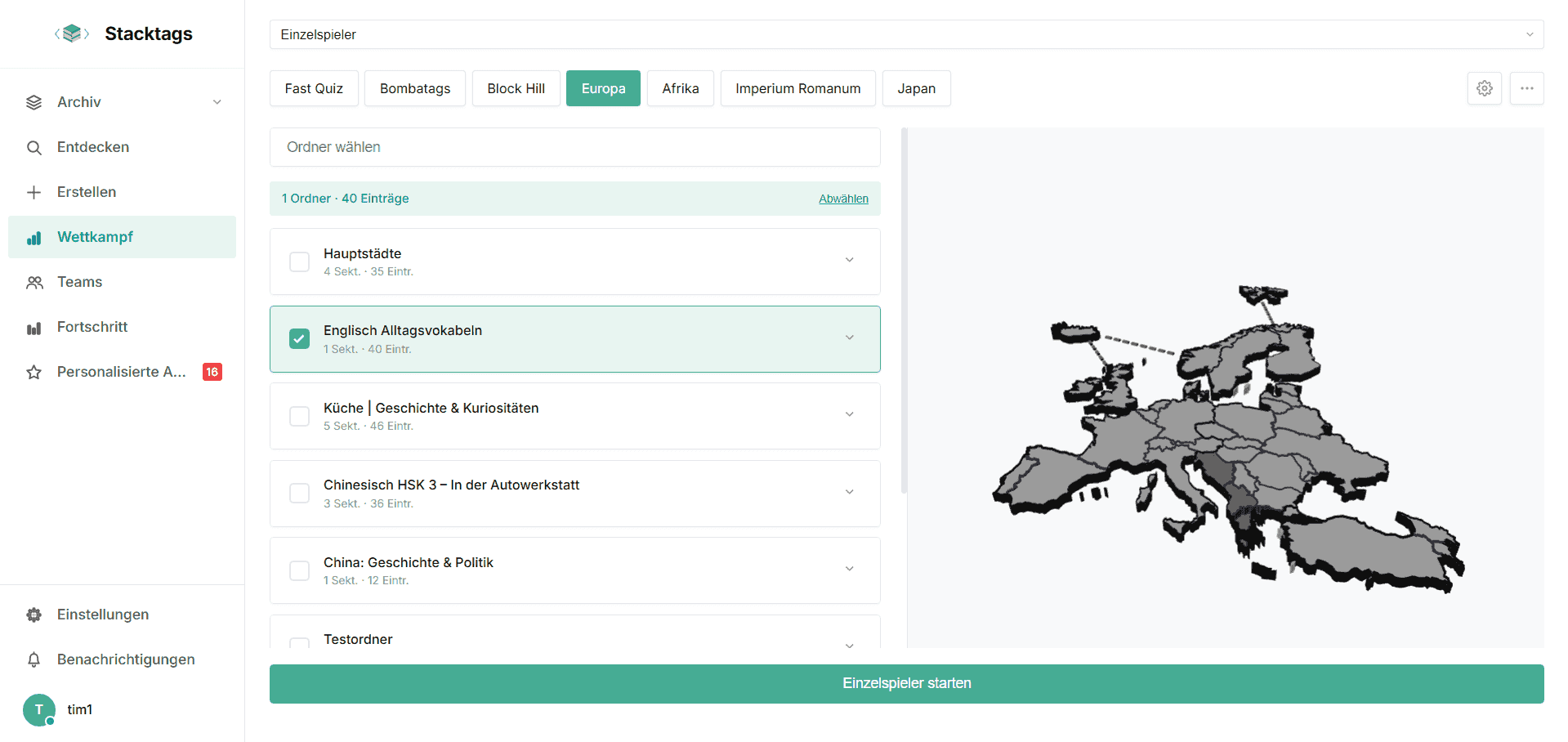 Stacktags competition lobby with game mode selection (Fast Quiz, Bombatags, Block Hill, Europe, Africa, Roman Empire, Japan), folder selection, and 3D preview of the Europe map
