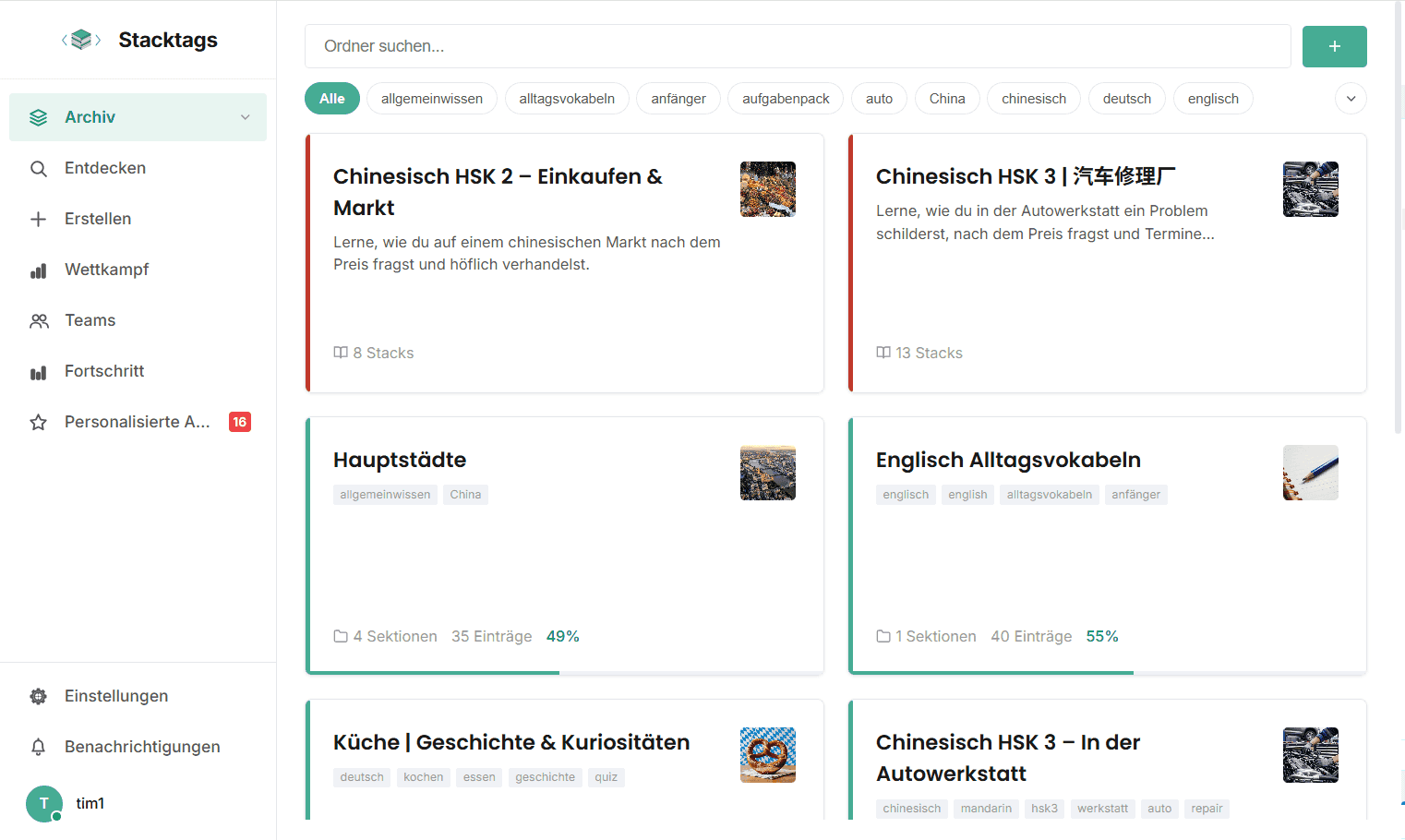 Stacktags archive showing learning folders: Chinese HSK 2 shopping and market, Chinese HSK 3 car workshop, capital cities, everyday English vocabulary, kitchen history and curiosities